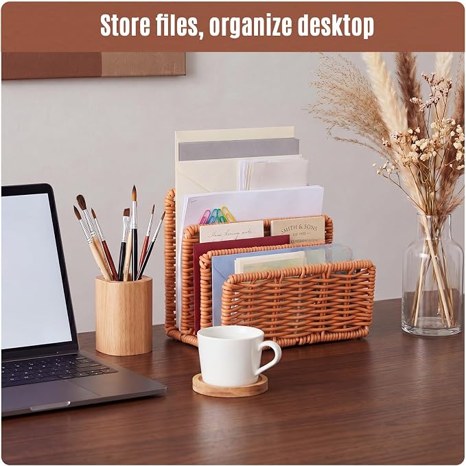 Rattan Mail Organizer for Desk Mail Holder Countertop with 3 Slot Rattan Letter Sorter File Holder Envelope Book Stand Office Desk Organizer and Storage Accessories