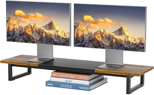 Simple Trending Desk Organizers and Accessories, Dual Monitor Stand Riser, Desk Shelf Wood Computer Rack for 2 Monitors
