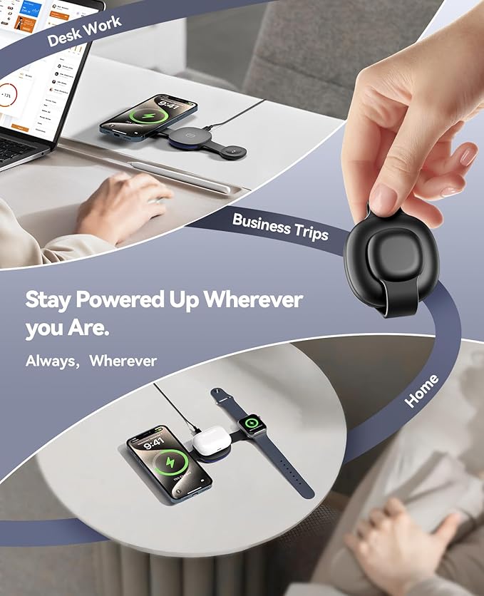 3-in-1 MagSafe Wireless Charger for Apple Devices, 15W Fast Charging Foldable Travel Charging Station Compatible with iPhone 17/16/15/14/13/12 Series, Apple Watch, AirPods