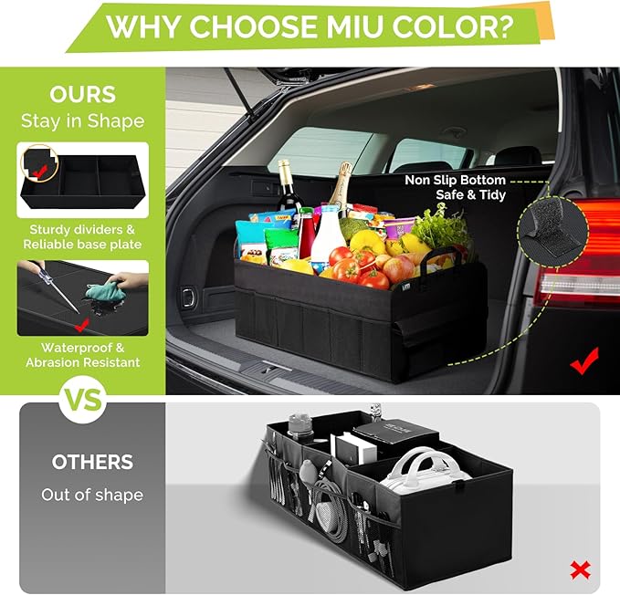 MIU COLOR Trunk Organizer for SUV, Collapsible Car Organizer, 12 Pockets Trunk Organizer for Car, Non-Slip Trunk Storage Organizer for Sedans, Van, Grocery, Large 3 Compartments 32"×13"×12"