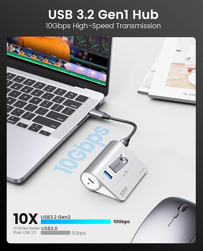 ORICO 4-Port USB 3.2 Gen2 Hub, Desktop USB 3.2 Hub with 2 USB-A, 2 USB-C, 5V 3A Power Supply Port, 10Gbps Aluminium USB-Splitter with 1.64Ft USB-C to USB-A/C Cable for iMac, MacBooks, Mac mini