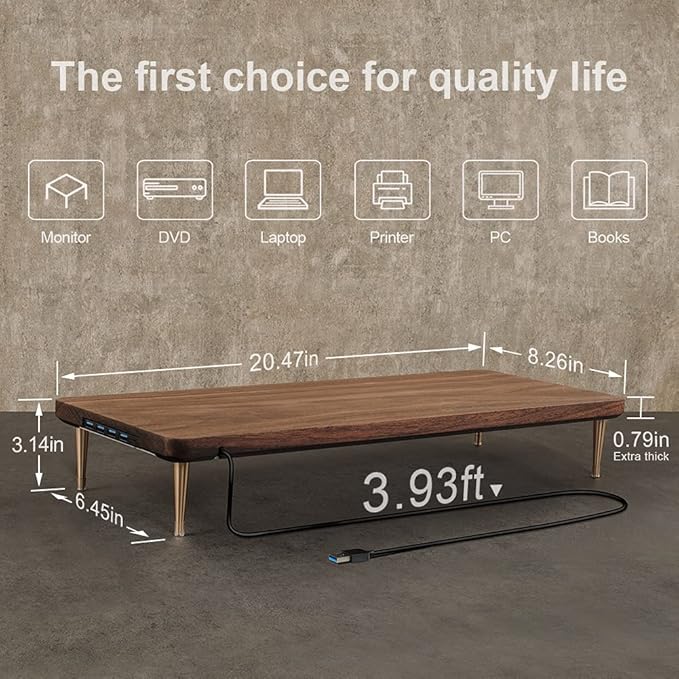 Monitor Stand with 4 USB Ports Walnut Wood Riser for iMac Laptop Computer Monitor ??A Sturdy Computer Stand to Elevate Your Screen and Reduce Eye Strain and Maintain Body Position