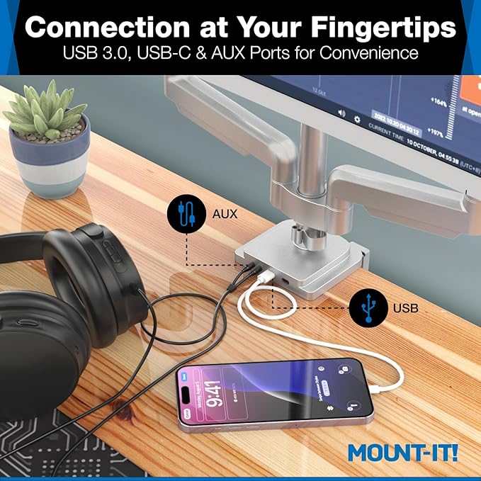 Mount-It! Triple Monitor Mount with Gas Spring Arms, Fits 24??2 Inch Screens, USB & Audio Ports, Full Motion Desk Stand with Tilt, Swivel & Rotation, Heavy Duty Silver 3 Screen Arm with Clamp