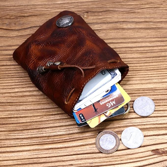 1 Pcs Leather Mini Medieval Pouch Keychain, Coin Organizer, Change Holder, Leather Drawstring Pouch for Men & Women