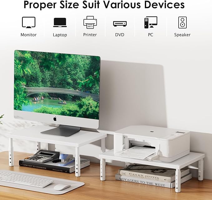 ECOLOVI Wood Computer Monitor Stand Riser for Desk, 4-Height Adjustable Desktop PC Printer Laptop Stand Shelf, Desk Organizer Workspace Accessories for Home Office Supplies, White
