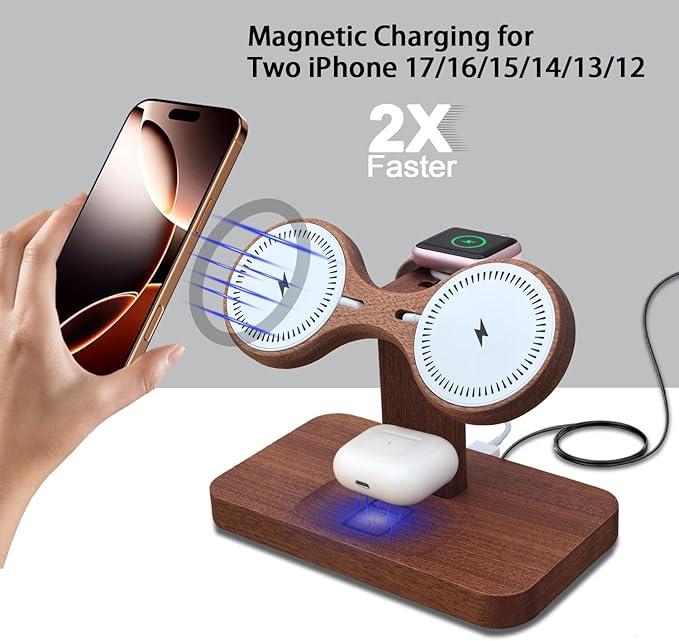 Dual Phone Charging Station Compatible with Magsafe Charger Stand Magnetic Wireless Charger for iPhone 17 16 15 14 13 12 Series iWatch AirPods Wireless Charging Station for Multiple Devices