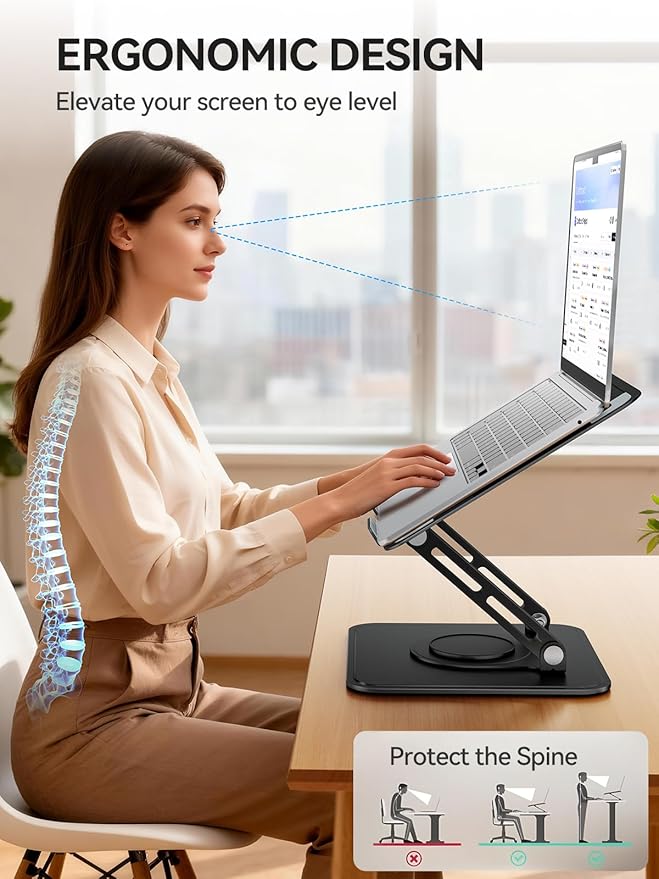 tounee Laptop Stand for Desk, Adjustable Computer Stand Holder with 360° Rotating Base, Ergonomic Laptop Riser Compatible with MacBook Pro Air, All Laptops 10-16"-Black