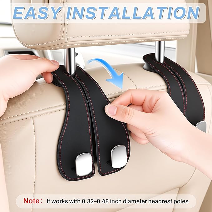 SINGARO 2PCS Car Purse Holder Hook, Seat Back Storage Hook, Leather-Wrapped Alloy Double Headrest Hook for Purses & Bags, Cute Car Interior Accessories for Women and Men, Black