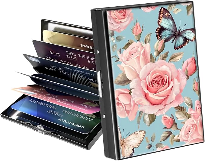 Metal Wallet,Credit Card Holder for Women Men,RFID Blocking Card Holder Mini Slim Aluminum Wallet ID Case Hard Case Business Card Holder Case,Pink Flower Butterfly