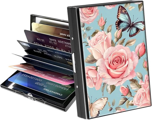 Metal Wallet,Credit Card Holder for Women Men,RFID Blocking Card Holder Mini Slim Aluminum Wallet ID Case Hard Case Business Card Holder Case,Pink Flower Butterfly