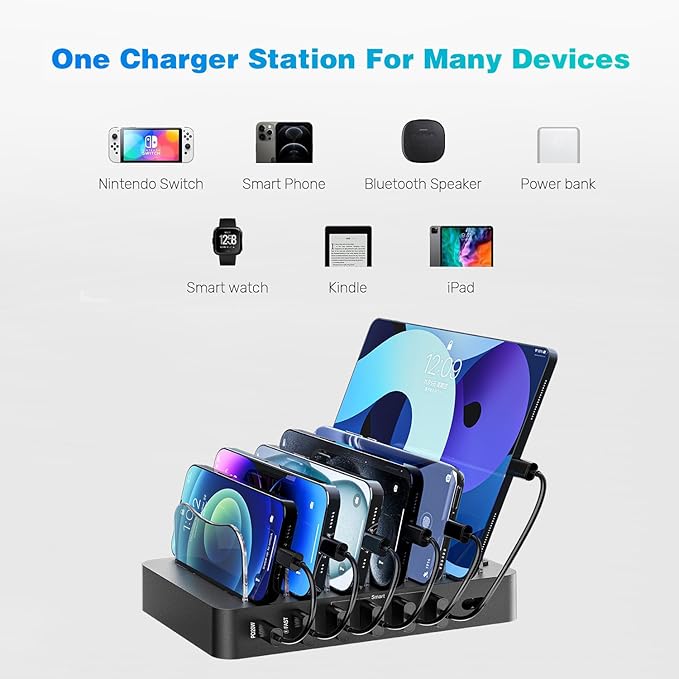 Charging Station for Multiple Devices 68W 6 Port Phone Charger Dock with 6 Cables, 20W Black Fast Charging Station Compatible with Apple Cellphone iPad iPhone Tablet(Black)