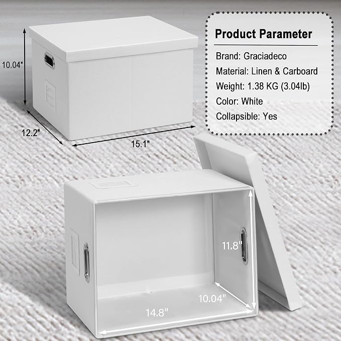 Graciadeco File Organizer Box, Decorative Storage Filling Box with Lid for Letter Legal Size Hanging Folders Collapsible Linen File Folder Box Office Document Storage Filing Bin, White 2 Pack