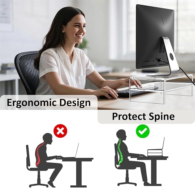 Egchi Acrylic Monitor Stand Riser, 2 Tier Clear Computer Monitor Stand for Home Office Business, PC Desk Stand Monitor Riser for Keyboard Storage, Laptop, Printer and TV Screen -12x7.2x5.12 inches