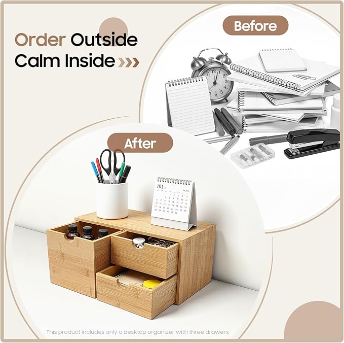 Bamboo Desk Organizer 3 Drawers Tabletop Storage Organization Box, No Assembly Needed for Home Office Storage, 12.99 * 7.48 * 6.3in (1 left & 2 right)