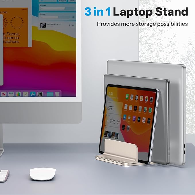 OMOTON Vertical Laptop Stand [Updated 3-Slots Version], Desktop Aluminum Mac Book Stand with Adjustable Dock Size, Fits All Mac Book, Chrome Book and Gaming Laptops (Up to 17.3 inch), Starlight