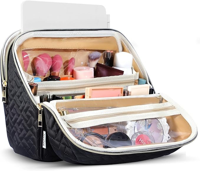 Makeup Bag, Large Capacity with Room for Brushes and Mirror, Travel Makeup Organizer, Portable Standing Make Up Case, Waterproof Cosmetic Toiletry Bags with Handle, Color Black