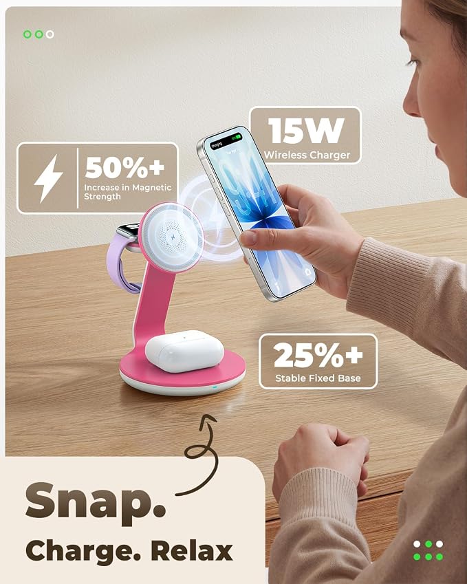 3-in-1 Magnetic Wireless Charging Station Compatible with MagSafe Charger,Fast Charger Stand for iPhone 17 16 15 14 13 12 Pro Max,Wireless Charger for iWatch Series,for AirPods Pro/4/3/2