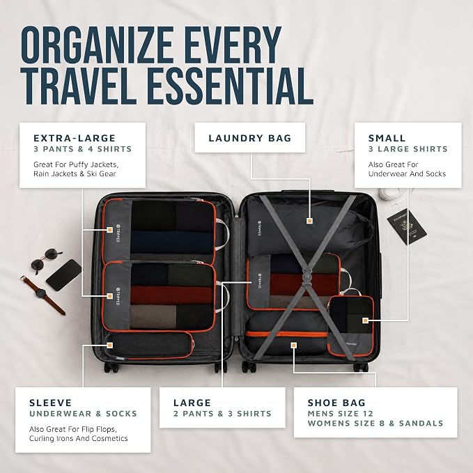 Large Compression Packing Cubes for Travel-Packing Cube Luggage Organizers 7 Piece Set for Checked Luggage-Ultralight, Expandable/Compression Bags by TRIPPED Travel Gear (Grey and Orange Mesh)