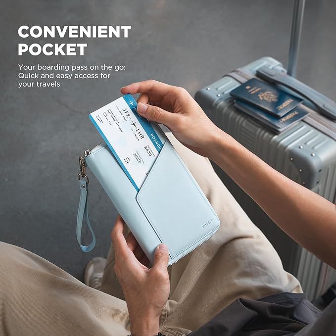 VULKIT Leather Passport Holder Family Travel Document Organizer with RFID Blocking Travel Wallet Slim Dual Slots SIM Card and Multiple Card Holders for Men and Women (Light Blue)