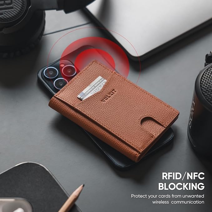 VULKIT Bifold Front Pocket Slim Wallet RFID Blocking Minimalist Thin Genuine Leather Credit Card Holder Wallet for Men and Women Litchi Brown