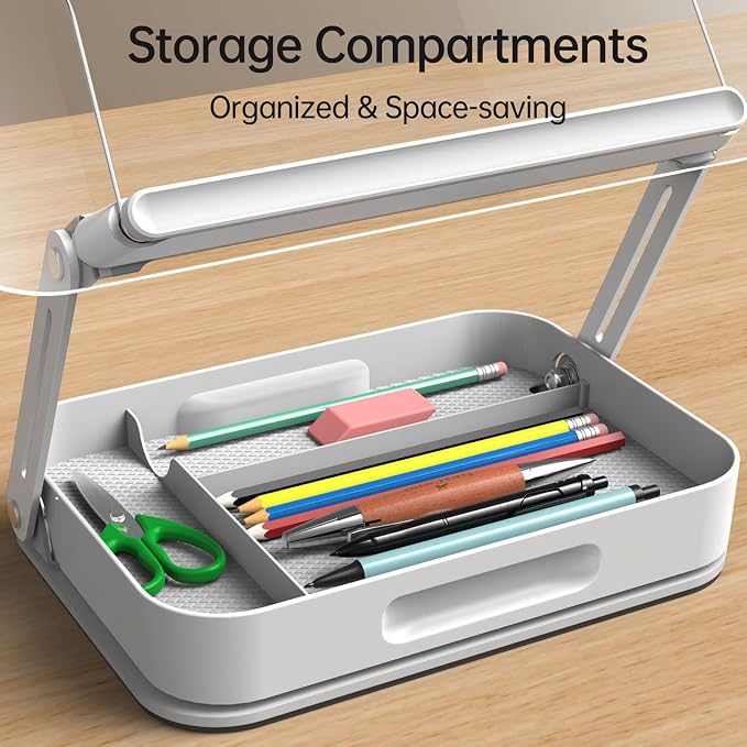 Bisofice Desktop Book Stand for Reading with Rotate Base Acylic Panel Page Clips Storage Compartments Foldable and Angle Adjustable for Laptop Holder Book Magazine Document Tablet (White)