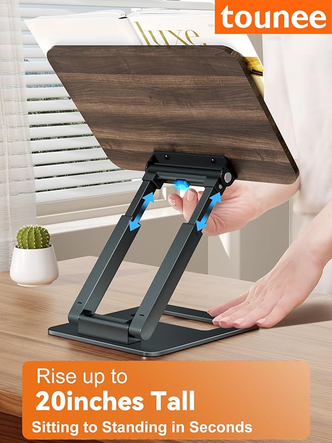 Tounee Book Stand, Telescopic Book Holder Stand, Adjustable Height Pull Out Design Ergonomic Cookbook Stand with Elastic Page Clips Fits All Books (Gray)