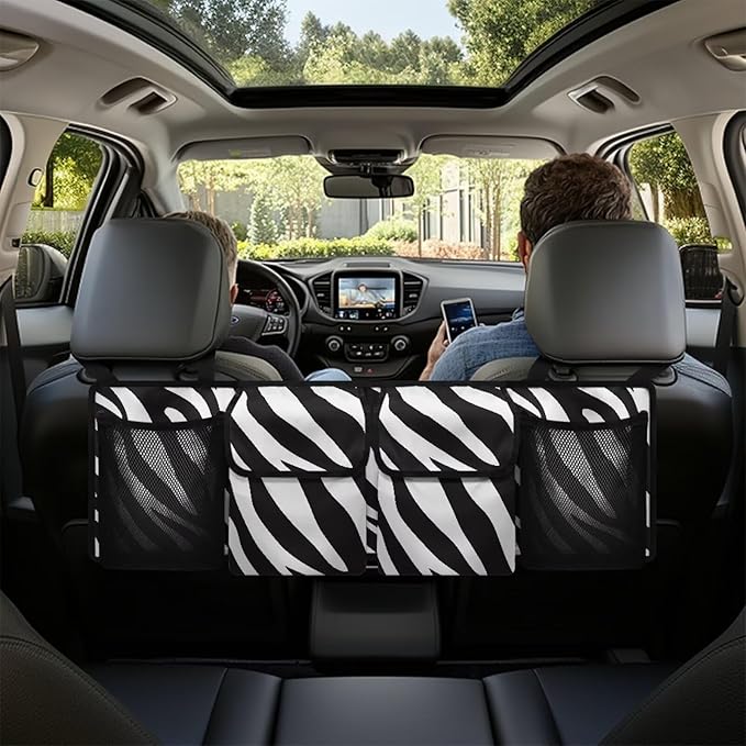 Zebra Print Car Trunk Organizer Hanging Car Backseat Storage Bag Waterproof Collapsible Cargo Bag with 4 Pouches Trunk Storage and Decorative Accessories