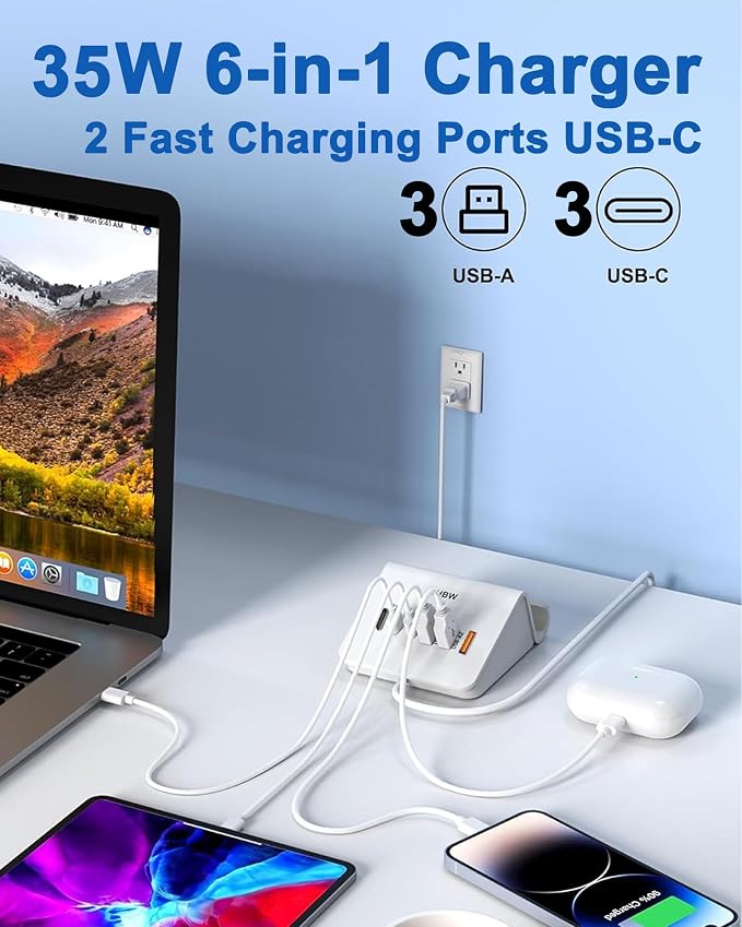 VHBW USB C Charger Block,6 Port 3A and 3C(1Port *USB-C PD20W Fast) Multiple USB Charging Station, USB-C Charging Plug for iPhone 15/15pro/14/13/12,Samsung Galaxy S23/S22/S21,etc(6USB-3A3C-White)