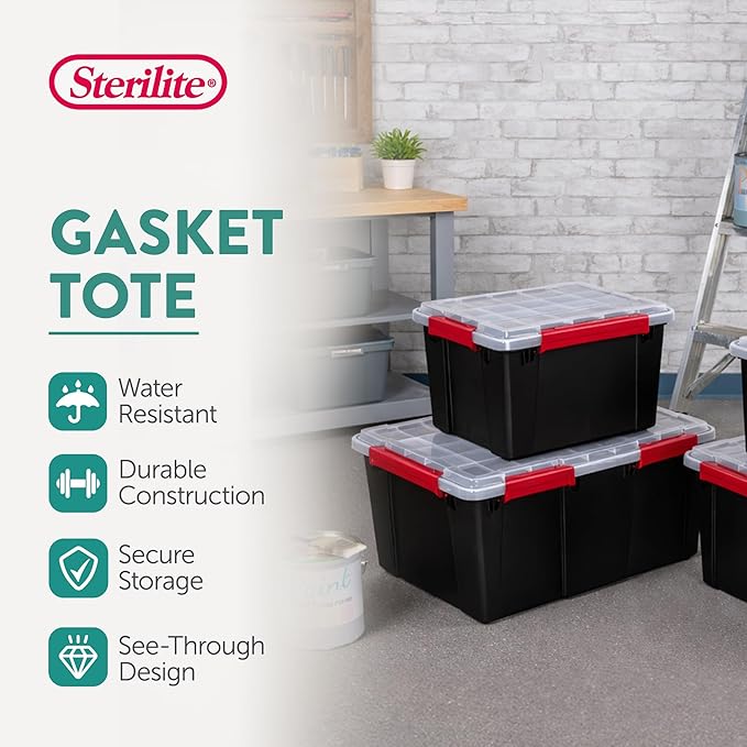 Sterilite 16 Pack Gasket Box, Stackable Plastic 8.5 Gallon Storage Container with Lids, Black - Waterproof and Dustproof Tote for Home Organization