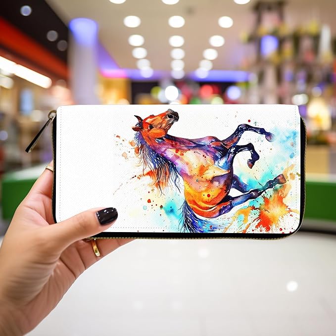 Wallet,Leather Long Wallet Suitable For Ladies And Teenagers - Detachable Wristband + RFID Travel Wallet With Card Slot - Watercolor Horse