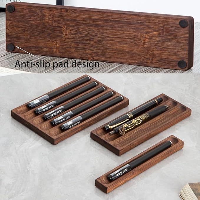 Horizontal Pen Holder For Desk,Pen Tray,Wood Desk Pen Holder,Desk Top Pen Display,Teacher Gifts,Suitable For School,Home,Office Desktop Art Accessories (Walnut-3 Grid)