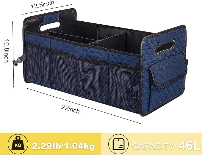 JiatuA Car Trunk Organizer for SUV, Car Storage Organizer Collapsible Multi Compartment Container Box, Adjustable Car Accessories for Women/Men, Dark Blue