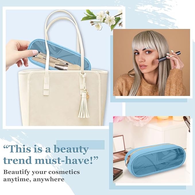 Small Clear Makeup Bag Slim Pencil Pouch, Cute Pencil Case Makeup Bag Preppy Cosmetic Zipper Pouch for Purse, Transparent PVC & Nylon Travel Toiletry Clutch Coin Pouch Makeup Brush Bag for Women(Blue)