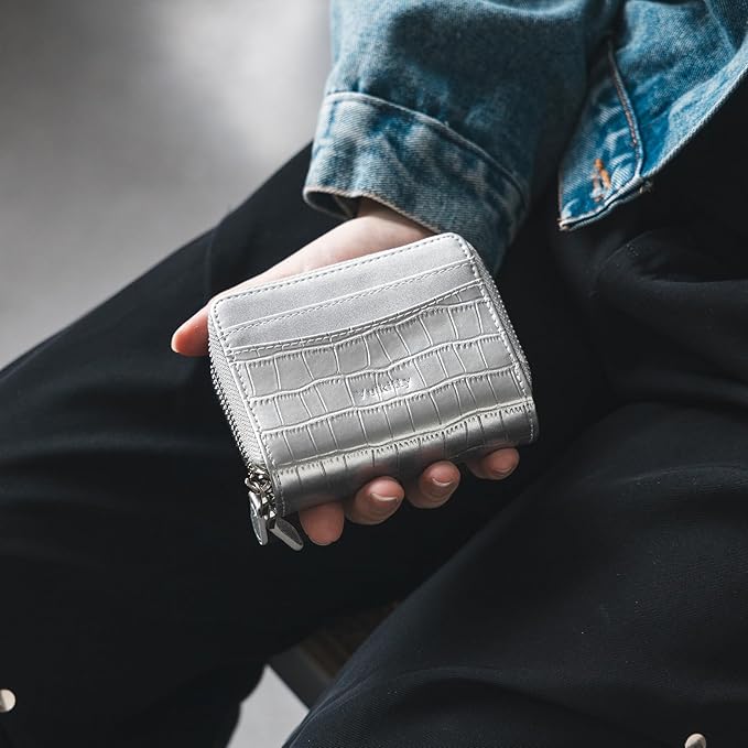 Vulkitty Zipper Credit Card Holder for Women, Leather RFID Blocking Card Wallet, Card Case for Female, Ladies Wallet with Zip Coin Pocket, Silver