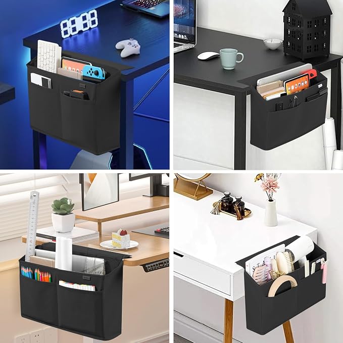 2 Pack Desk Side Hanging Organizer, Adhesive Storage Bag with Pockets for Magazine Ipad Notebook, for End Tables Home Office Desks Computer Workstations Dressing Table, Black