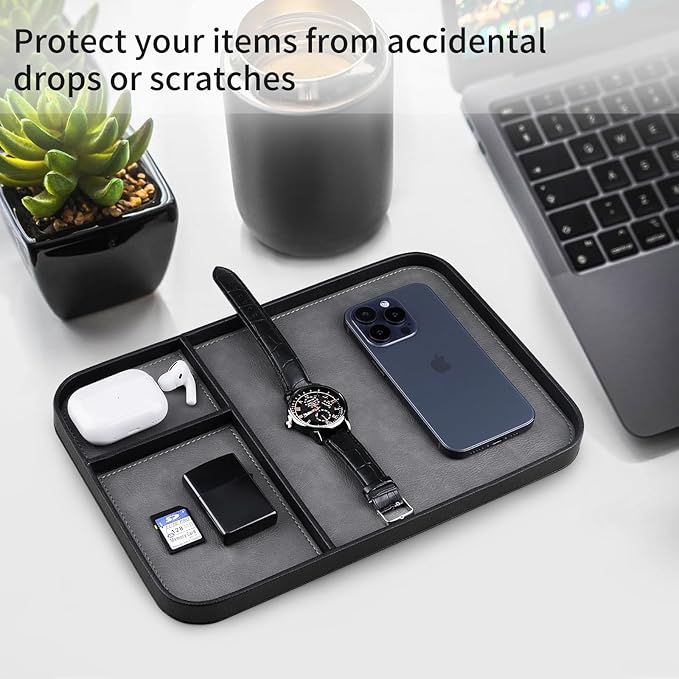 SENEN Leather Tray, Stylish and Organized Multifunctional Tray, for Table Entryway, Premium PU Leather, Catchall Tray for Keys, Watch, Wallet, Jewelry, and More (Black Frame)