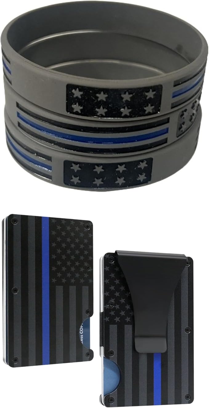 Black & Gray American Flag Engraved, Minimalist Wallet, RFID Blocking Aluminum Slim Wallet (Blue Clip with 3 V.Band)