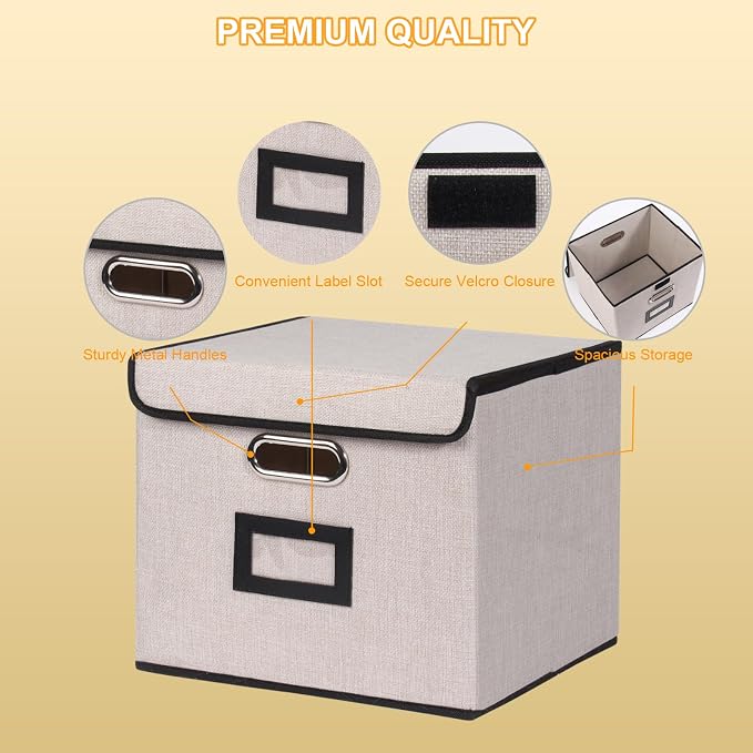 Large Square Storage Bin with Lid, Foldable Organizer Box with Handles & Label Design, for Office, Closet, Home, Documents, Grey, 12.20 x 10.63 x 10.63 Inches, 2 Pack