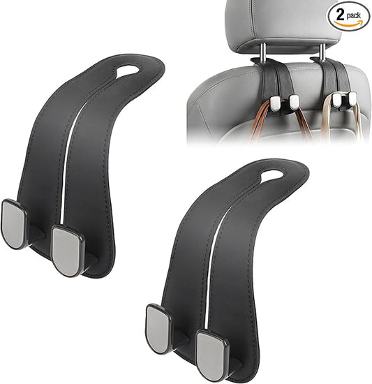 CHOSMOYI 2 Packs Car Seat Hooks, Leather Car Headrest Hook, Car Purse Hook Seat Back Hanger Storage Organizer, Car Hook for Purses and Bags(Black)