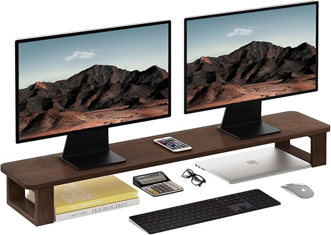 Ufine Dual Monitor Stand Riser 2 Heights Adjustable Wood Computer Monitor Stand Desktop Organizer, Large Monitor Stand for 2 Monitors, Laptop, TV, Printer