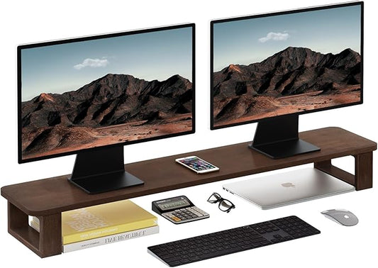 Ufine Dual Monitor Stand Riser 2 Heights Adjustable Wood Computer Monitor Stand Desktop Organizer, Large Monitor Stand for 2 Monitors, Laptop, TV, Printer