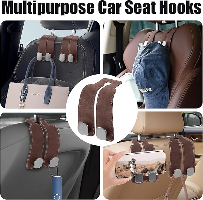 TwinHook Leather Car Headrest Hangers, Car Headrest Hooks for Purse and Bags, 2-in-1 Leather Car Seat Back Storage Hook, Anti-Slip Purse Holder for Car, Supports Up to 50 lbs (Brown-2 Pack)