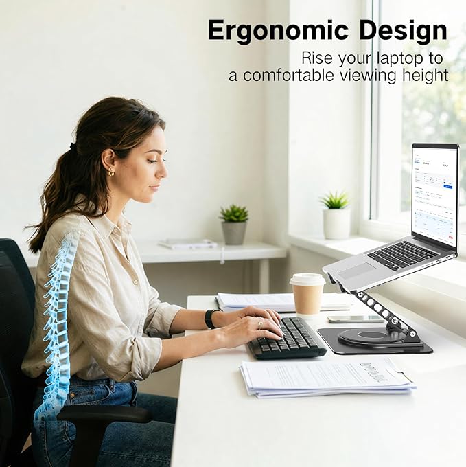 Adjustable Laptop Stand for Desk with 360 Rotating Base, Metal Foldable Laptop Riser Holder, Portable Desktop Book Stands, Ventilated Cooling Computer Notebook Stand Compatible with 10-15.6” Laptops