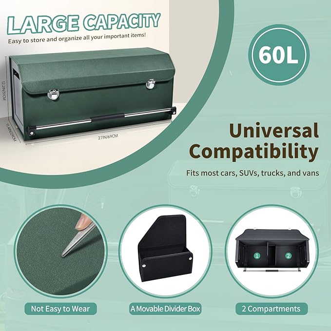 Car Trunk Organizer, Leather Trunk Organizer with Lid and Push-pull Handle Car Trunk Storage Box for SUV, Minivan, Truck, Sedan (Green, 27.1 x 11.4 x 12.2in)