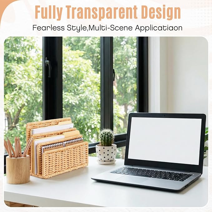 Small Rattan Mail Organizer for Desk Mail Holder Countertop with 3 Slot Rattan Letter Sorter File Holder Envelope Book Stand Farmhouse Office Desk Organizer and Storage Accessories