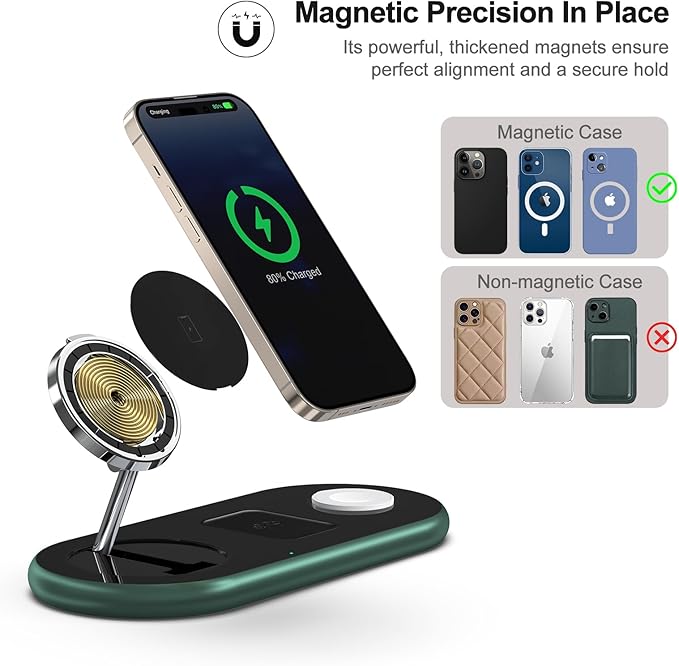 3 in 1 Charging Station for Apple Devices, Faster Mag-Safe Charger Stand, Magnetic Wireless Charger Station for iPhone 17 16 15 14 13 12 Pro Max Plus, Apple Watch iwacth & AirPods, (Alpine Green)