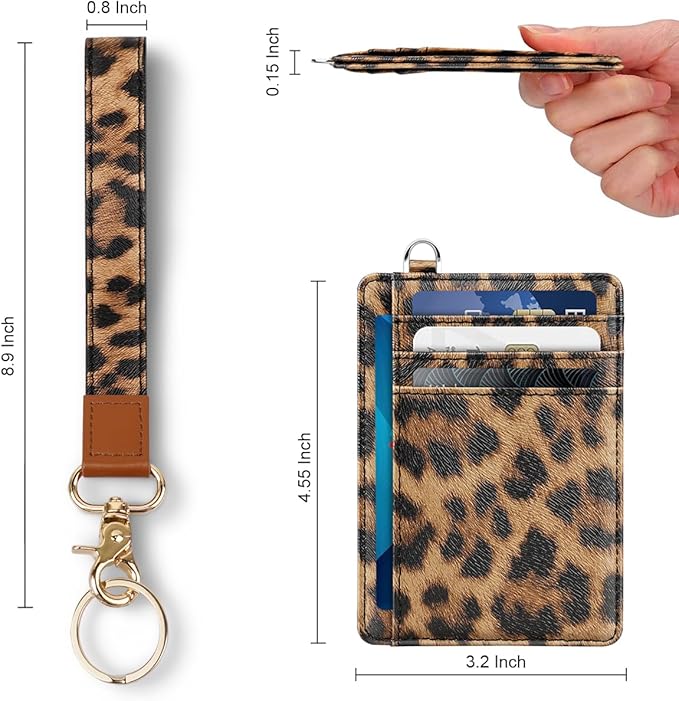 Coco Rossi Slim Front Pocket Wallet Minimalist RFID ID Card Holder Cute Small Wallets with Wrist Lanyards Key Chain Holder for Women, Brown Leopard