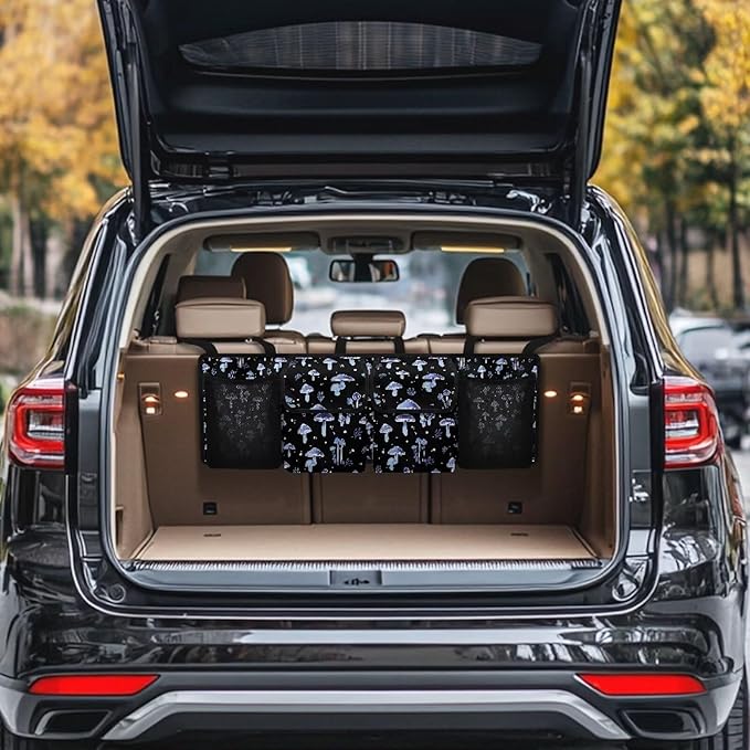 Car Trunk Organizer,Collapsible Large Capacity Auto Backseat Hanging Storage Bag with Adjustable Strap & 4 Pockets,Keep Trunk Clean and Tidy(Blue Mushroom Pattern)
