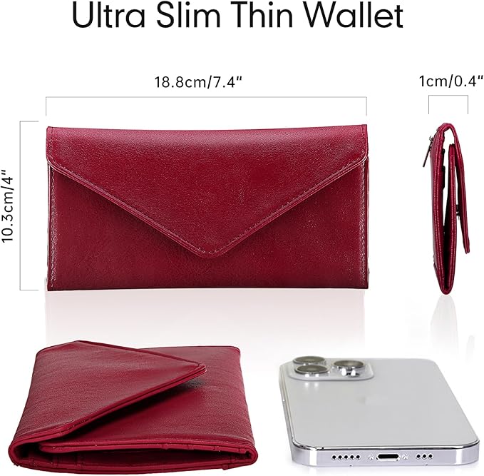 Rfid Credit Card Holder Wallets for Women Leather Zipper Slim with Coin Pocket, Wine Red