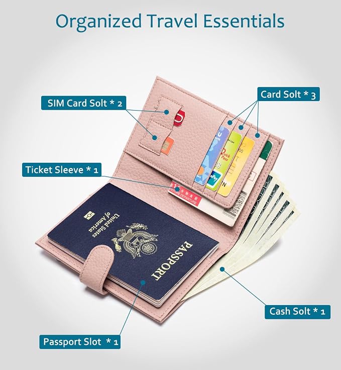 Leather RFID Slim Passport Holder for Travel Women, Gift Ready | Pink Passport Wallet for Women with RFID Protection, Passport Cover, Card Slots, Zipper Coin Pocket, Travel Organizer